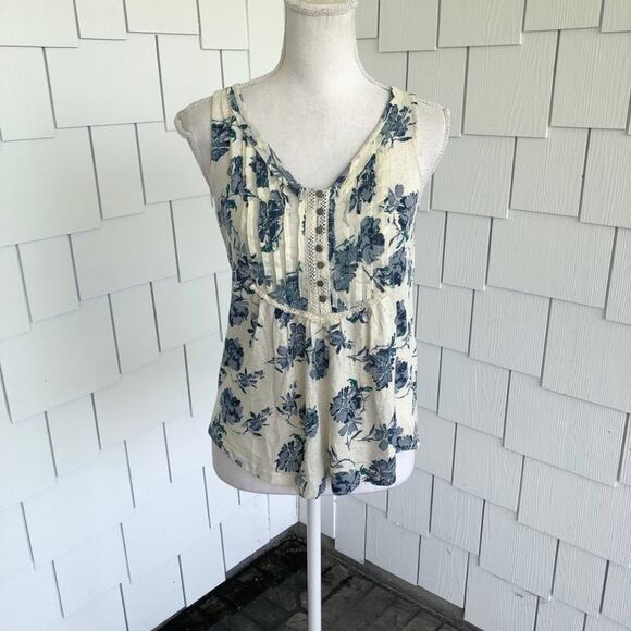 Lucky Brand Women's Blue/White Floral Lace Trim Pin Tuck Button Front Tank sz XS - Picture 3 of 5